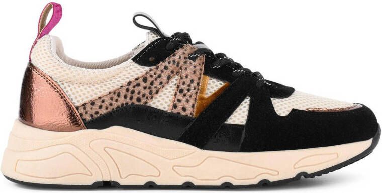 PS Poelman Dames CAROCEL Imitatie Leren Suedè PU Runner Sneakers met Beige Profielzool Zwart Brons Beige