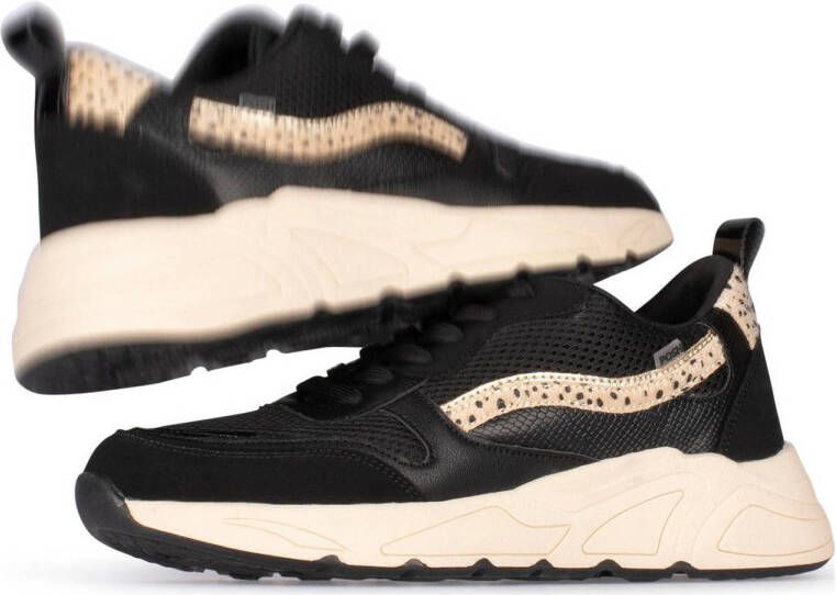 POELMAN Sneaker zwart met panterprintdetails Zwart Mesh Lage sneakers Dames