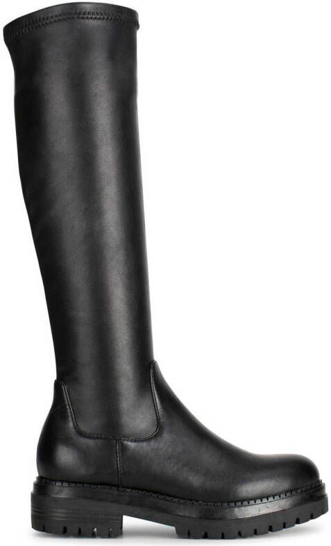 PS Poelman Dames CYBELE PU Imitatieleren Stretch Hoge Laarzen met Stoere Profielzool en Rits Zwart