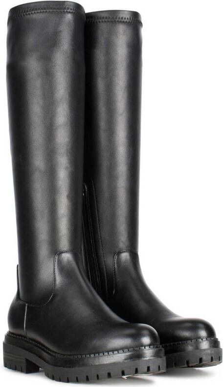 PS Poelman Dames CYBELE PU Imitatieleren Stretch Hoge Laarzen met Stoere Profielzool en Rits Zwart