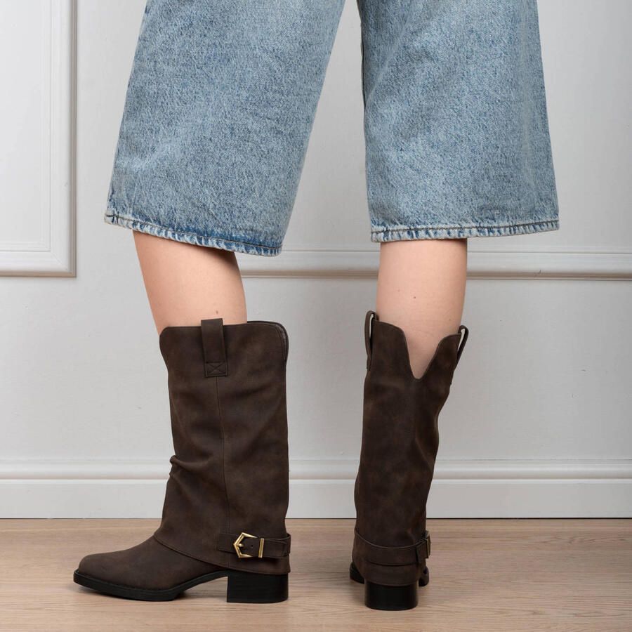 POSH by Poelman Denise suède bikerboots met blokhak bruin