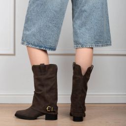 POSH by Poelman Denise suède bikerboots met blokhak bruin