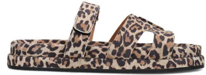 PS Poelman Mag suède slippers met panterprint beige zwart