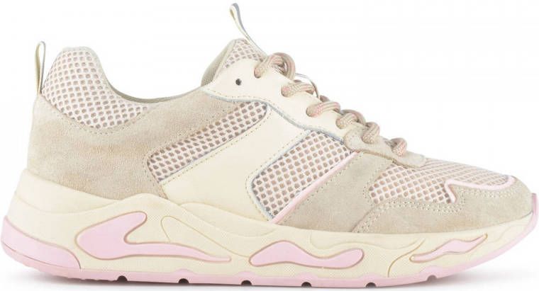 PS Poelman Dames MINION Nude Combo Mesh Suède Leren Runner Sneakers met Lakleer Detail