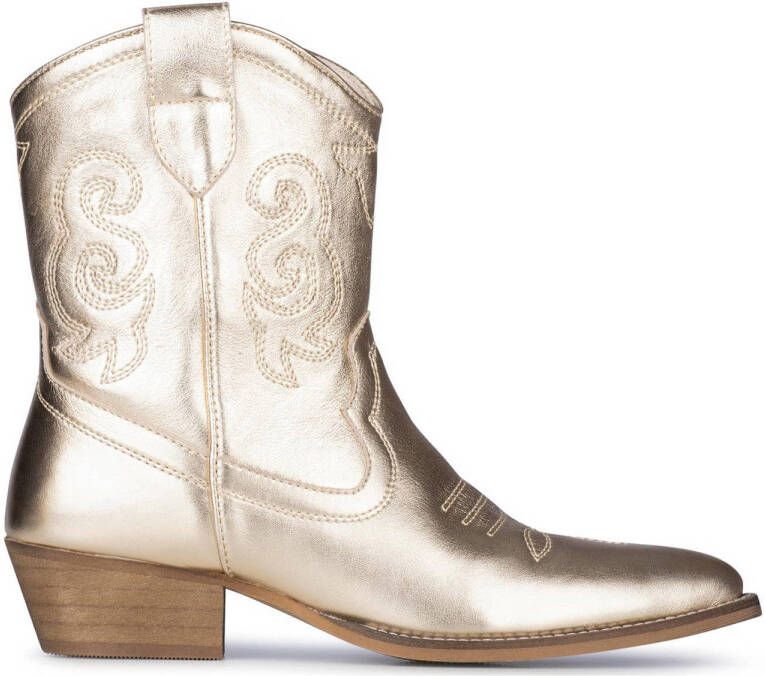 PS Poelman Dames Cowboylaarzen met Hak Goud Leer Metallic