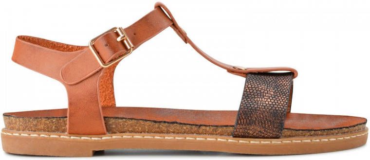 PS Poelman Dames Sandalen Lizzy Cognac Bruin met Metallic Brons Snake Print