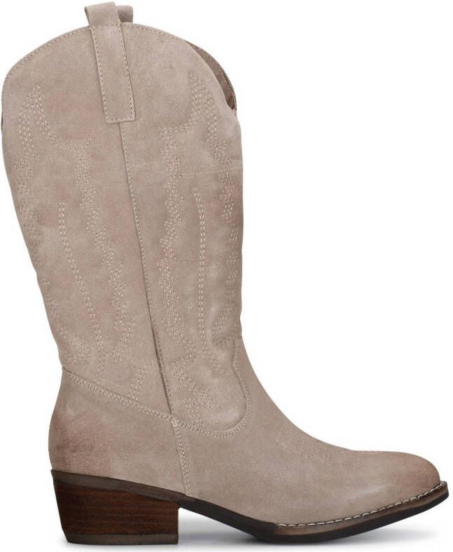 PS Poelman Bila High Dames Leren Suéde Cowboy Western Laarzen Bruin Beige Taupe