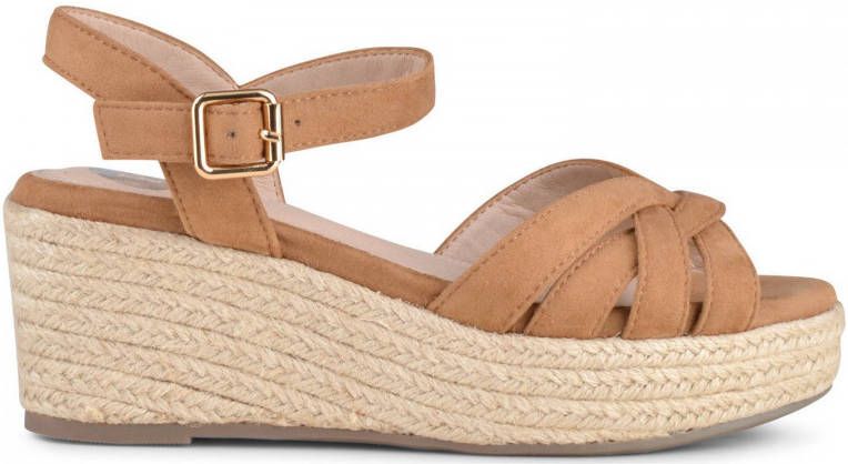 PS Poelman TULSI Dames Faux PU Imitatie Suède Leren Sandalen met Espadrille Sleehak Zool en Gevlochten Banden Cognac Bruin