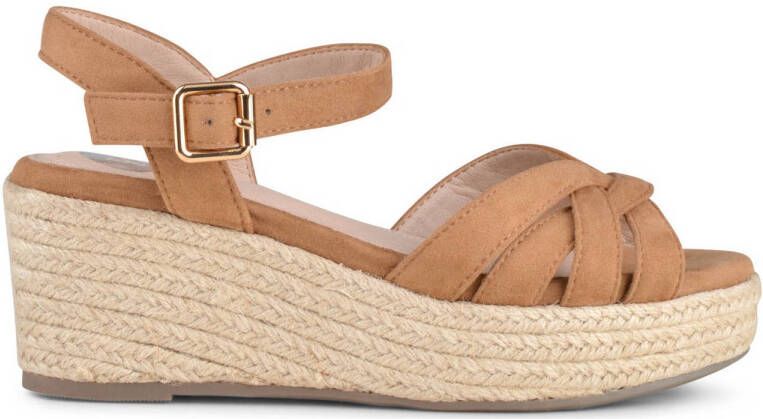 PS Poelman TULSI Dames Faux PU Imitatie Suède Leren Sandalen met Espadrille Sleehak Zool en Gevlochten Banden Cognac Bruin