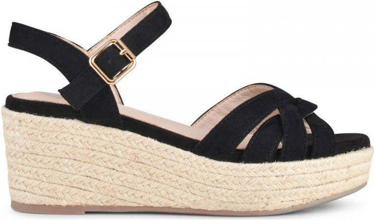 PS Poelman TULSI Dames Faux PU Imitatie Suède Leren Sandalen met Espadrille Sleehak Zool en Gevlochten Banden Zwart