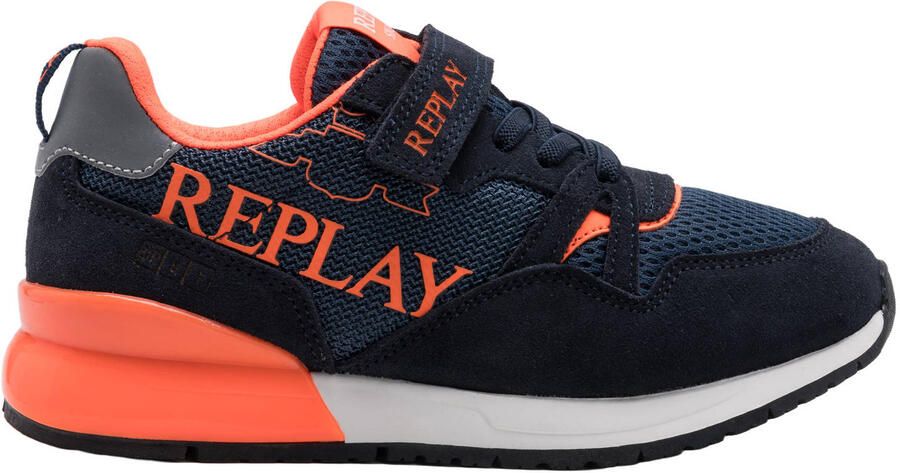 REPLAY Shoot JR suede sneakers donkerblauw neon oranje