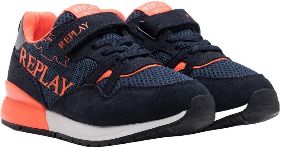 REPLAY Shoot JR suede sneakers donkerblauw neon oranje - Foto 3