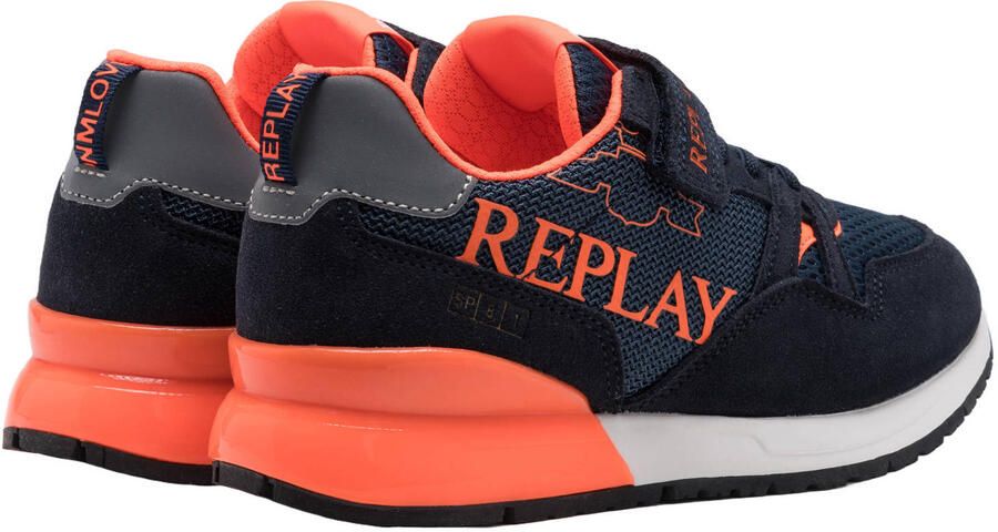 REPLAY Shoot JR suede sneakers donkerblauw neon oranje - Foto 2