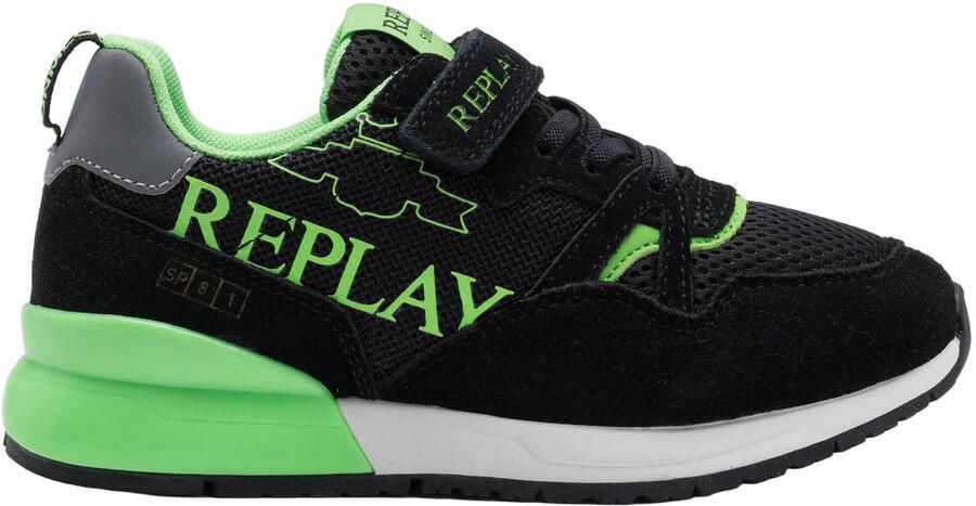REPLAY Shoot JR suede sneakers zwart neon groen