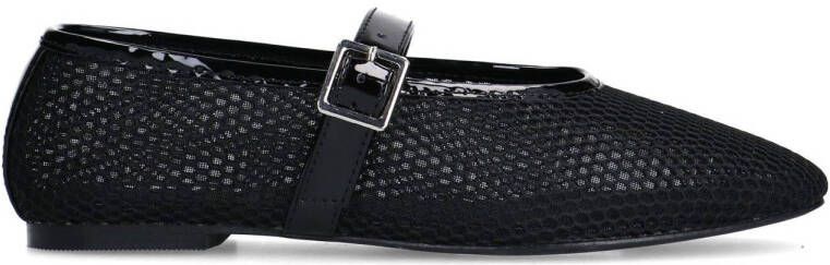 Sacha Dames Zwarte fishnet ballerina's met zilverkleurige buckle