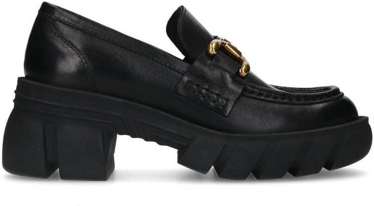 Sacha Dames Zwarte leren chunky loafers met goudkleurige chain
