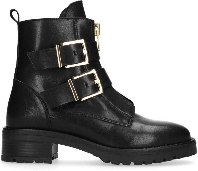 Sacha Dames Zwarte biker boots met goudkleurige gespen