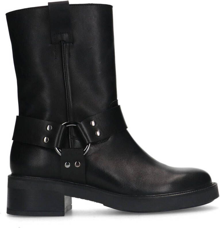 Sacha Dames Zwarte biker enkelboots met zilverkleurige buckle