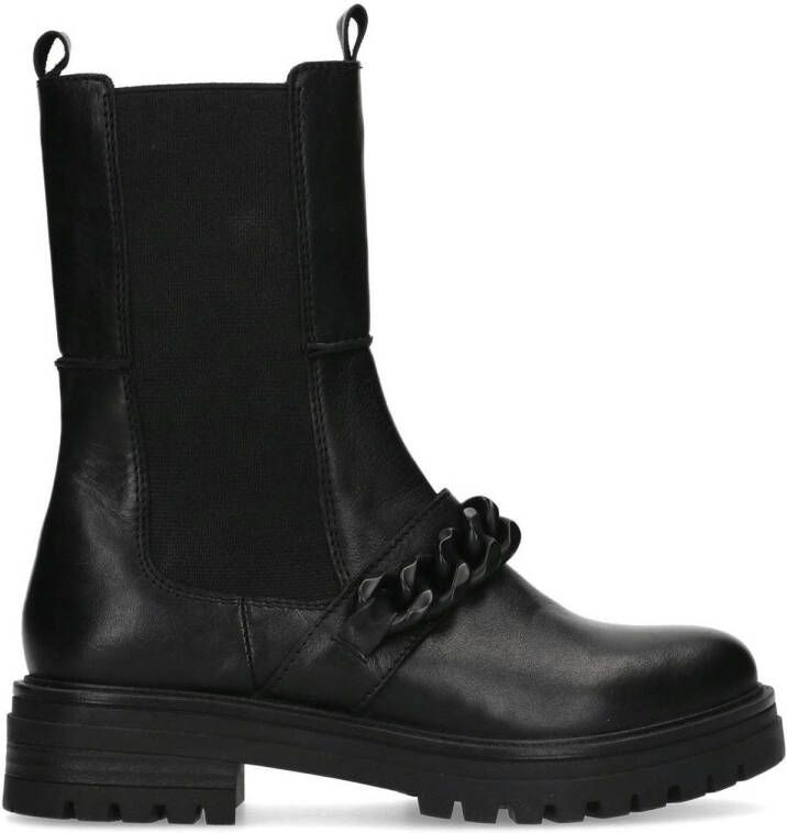 Sacha Dames Zwarte leren Chelsea boots met chain