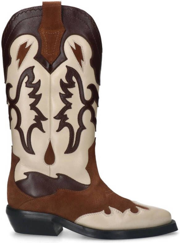 Sacha Dames Cognac leren cowboylaarzen met sierstiksels