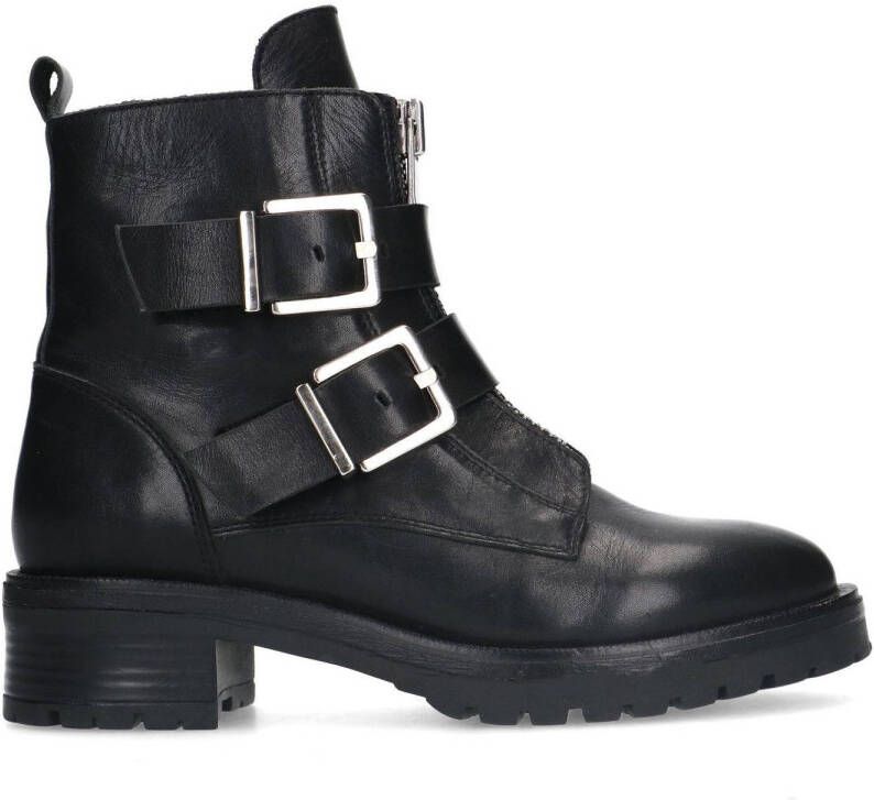 Sacha Dames Zwarte leren biker boots met zilverkleurige gespen