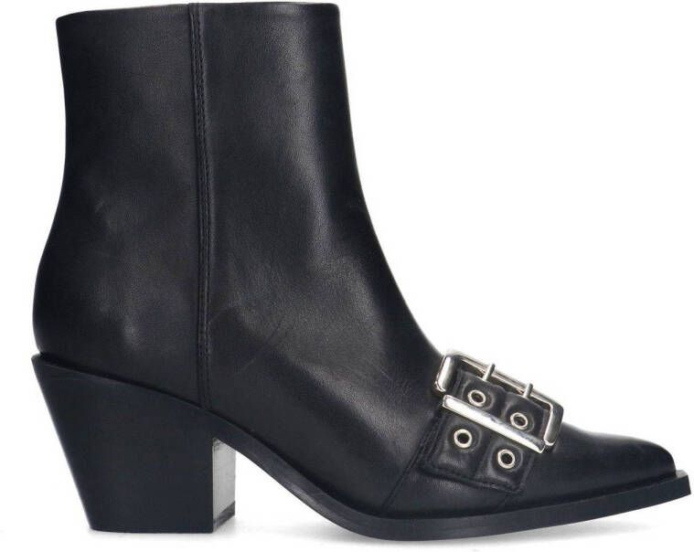 Sacha Dames Zwarte leren buckle enkellaarsjes met hak