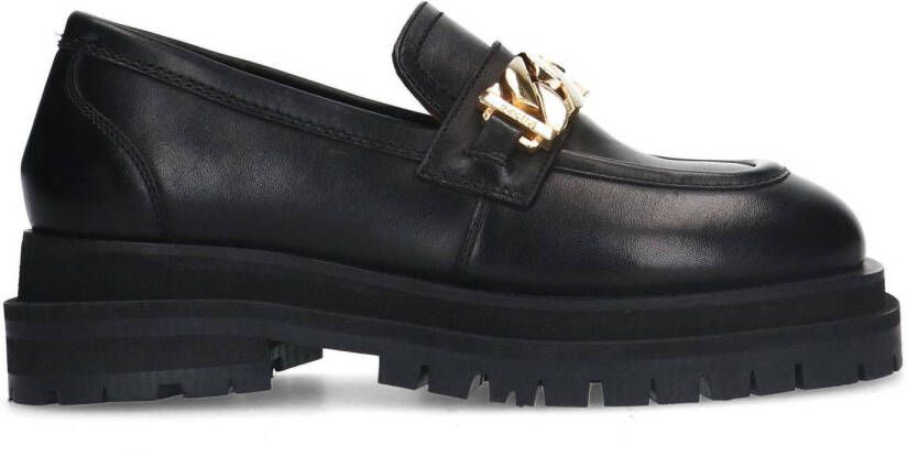 Sacha Dames Zwarte chunky loafers met goudkleurige chain