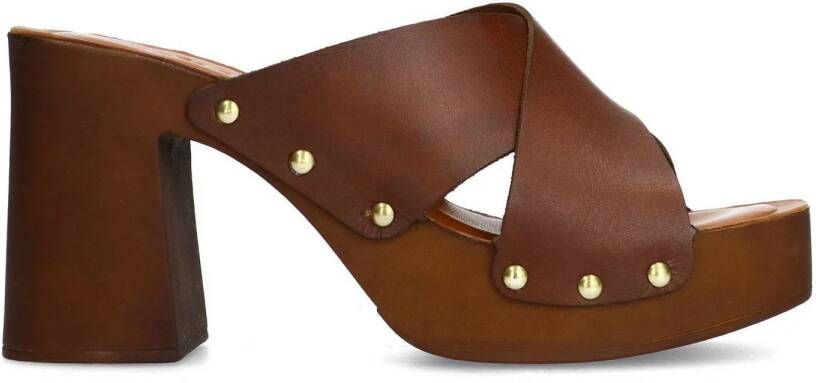 Sacha Dames Cognac leren muiltjes met plateau hak