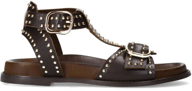 Sacha Dames Donkerbruine leren sandalen met goudkleurige buckles en studs