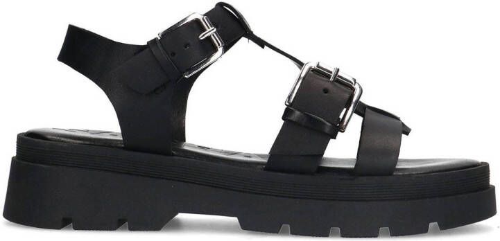 Sacha Dames Zwarte leren plateau sandalen met goudkleurige buckles