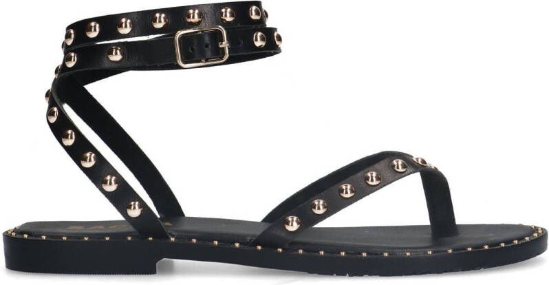Sacha Dames Zwarte leren platte sandalen met goudkleurige studs