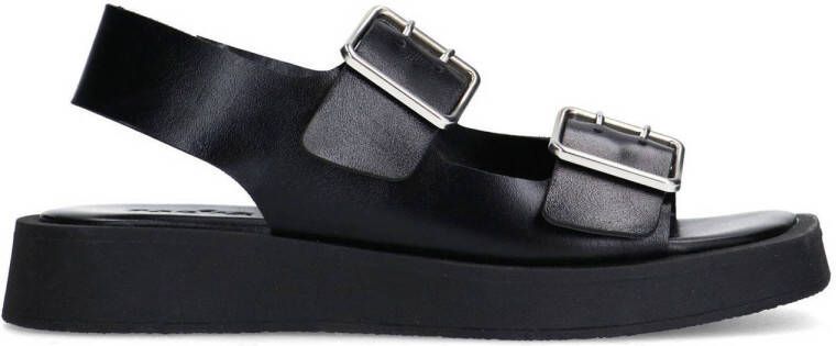Sacha Dames Zwarte leren plateau sandalen met zilverkleurige buckles