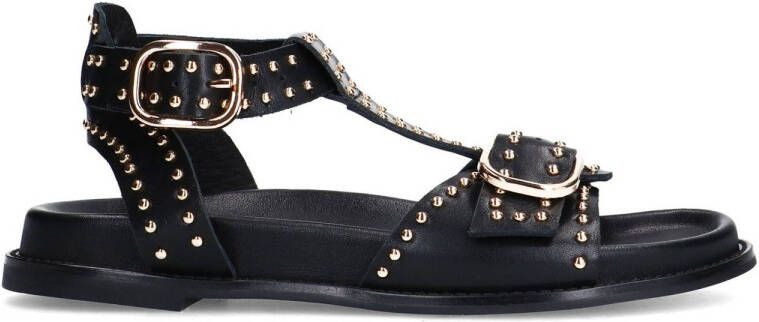 Sacha Dames Zwarte leren sandalen met goudkleurige buckles en studs