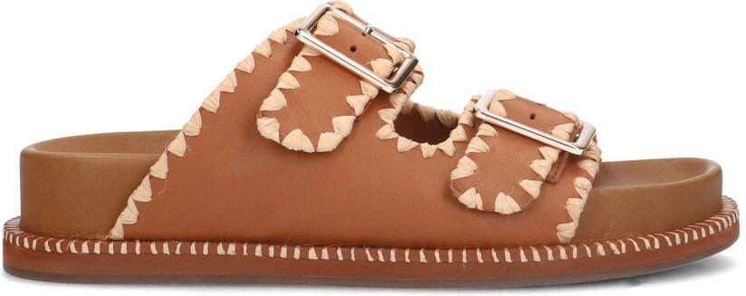 Sacha Dames Camel leren slippers met gespen