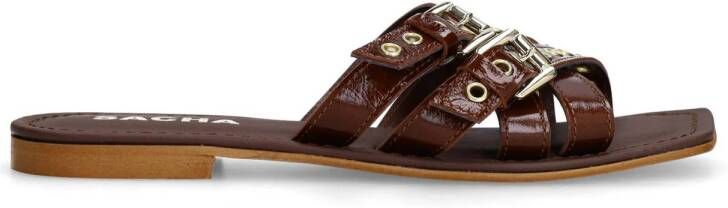 Sacha Dames Bruine leren buckle slippers