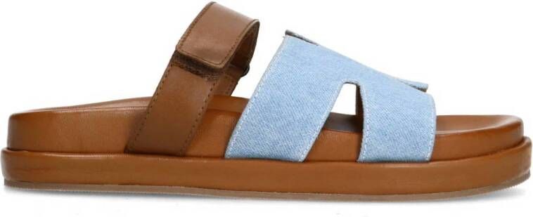 Sacha Dames Cognac leren slippers met denim details