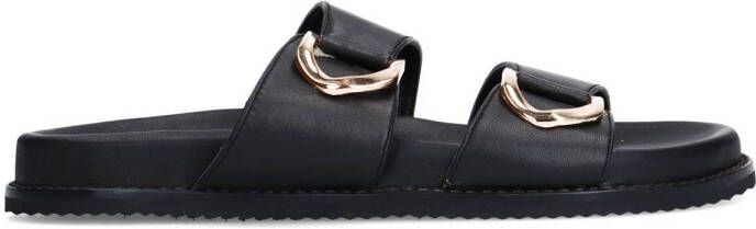 Sacha Dames Zwarte leren slippers met goudkleurige details