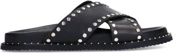 Sacha Dames Zwarte leren slippers met zilverkleurige studs