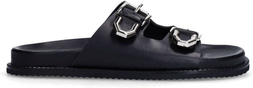 Sacha Dames Zwarte leren slippers met buckles