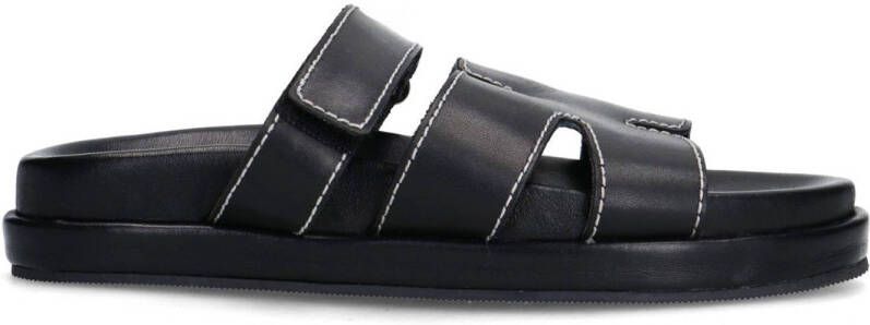Sacha Dames Zwarte leren slippers met klittenband