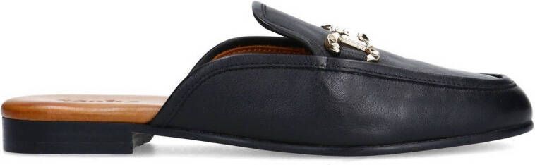 Sacha Dames Zwarte leren slip on loafers met goudkleurige chain