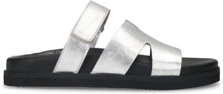 Sacha Dames Zilveren leren slippers met klittenband