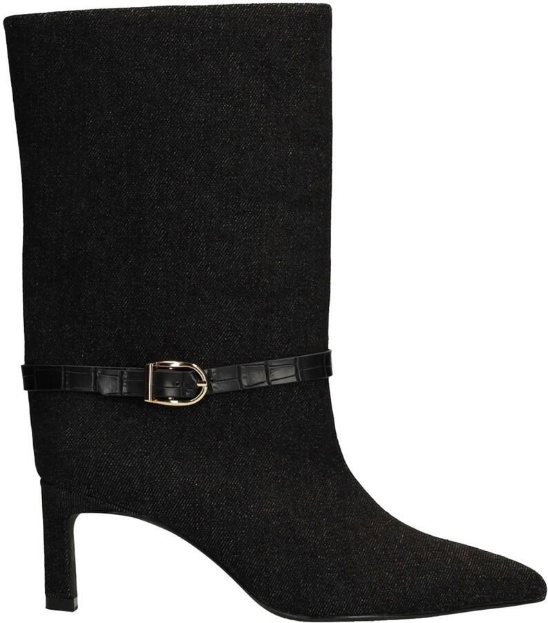 Sacha Dames Zwarte denim enkellaarsjes met hak