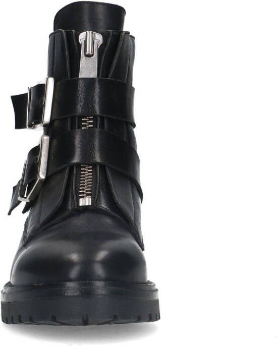 Sacha Dames Zwarte leren biker boots met zilverkleurige gespen