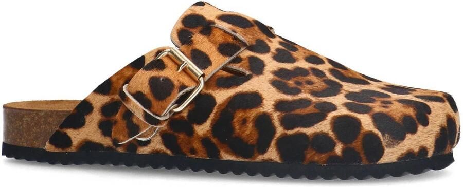 Sacha leren clogs met panterprint cognac