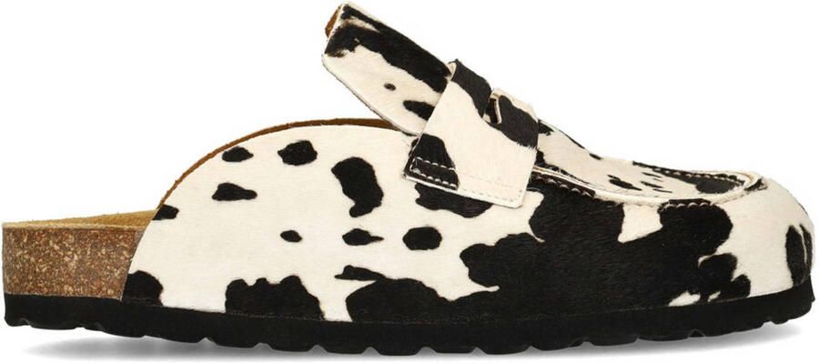 Sacha leren clogs met ponyhair en koeienprint zwart ecru