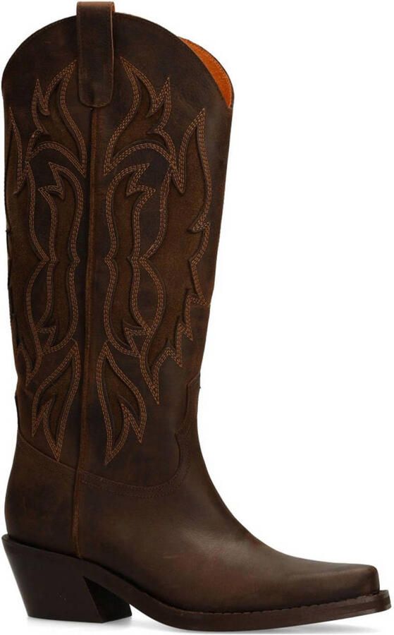 Sacha Dames Bruine leren cowboylaarzen met sierstiksels