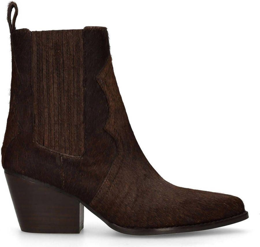 Sacha Dames Donkerbruine pony hair enkellaarsjes met hak