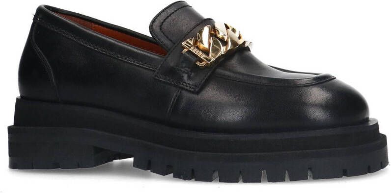 Sacha Dames Zwarte chunky loafers met goudkleurige chain