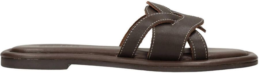 Sacha leren slippers met contrast stiksels bruin